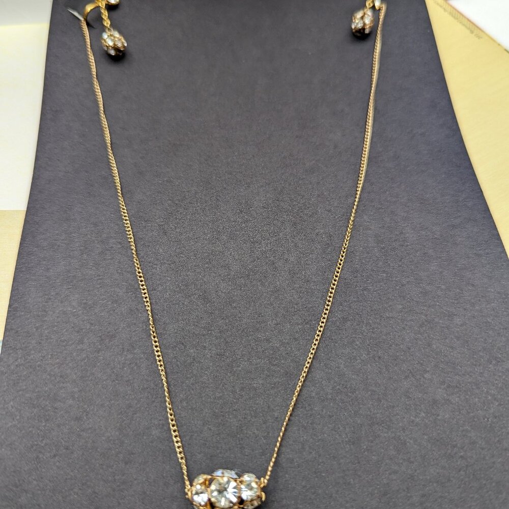 12K Gold fill Art Deco Necklace Crystal Set with Clip on Earrings Ball Cz